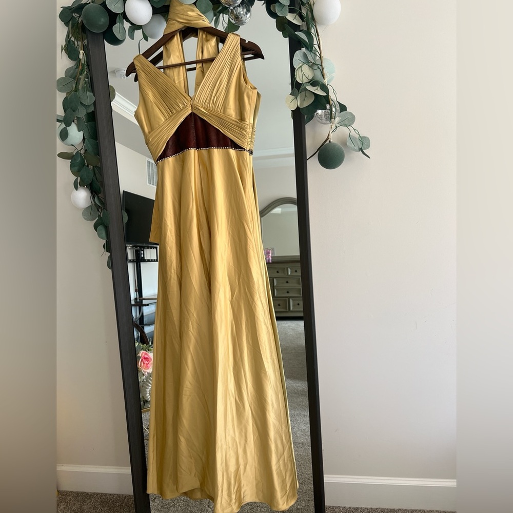 Yellow and burgundy maxi dress with halter neck,